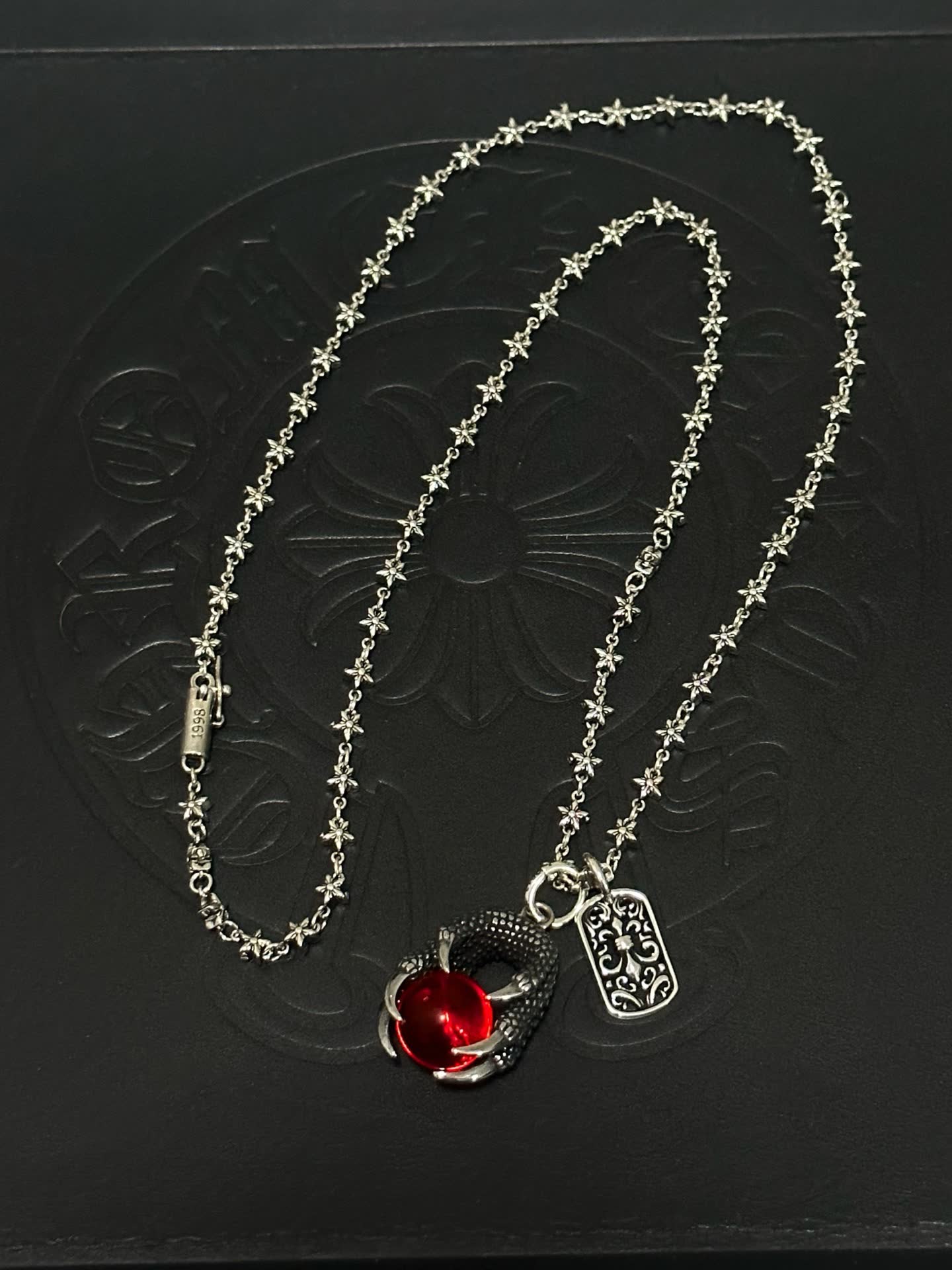 Chrome Hearts Silver Dragon Claw Red Crystal Necklace